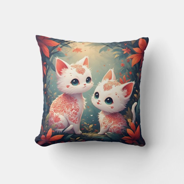 Coussin Deux chatons blancs dans une forêt magique (Recto)