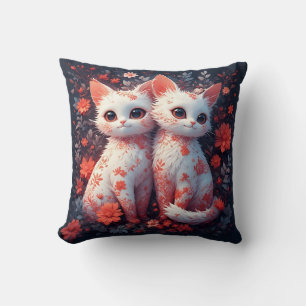 Coussin Deux chatons blancs et fleurs