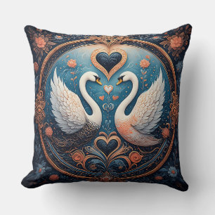 Coussin Deux cygnes avec motif floral et ornemental