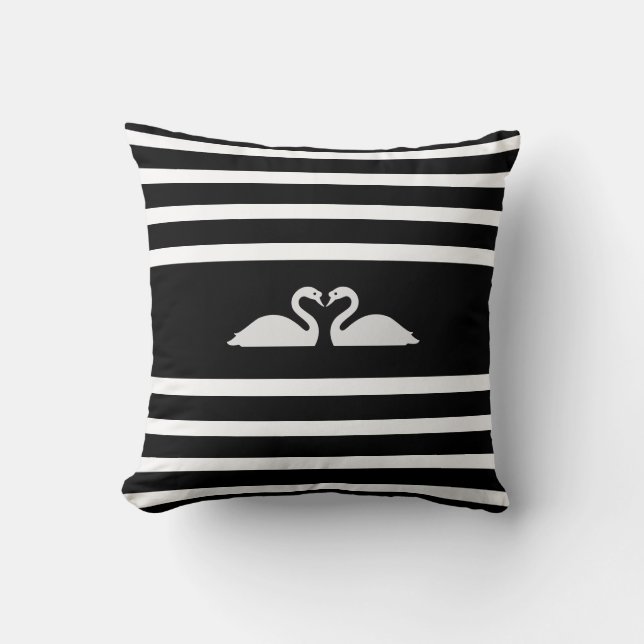 Coussin Deux cygnes sur fond rayé noir et blanc (Recto)