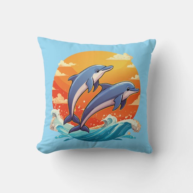 Coussin Deux dauphins de dessin animé sautant (Recto)