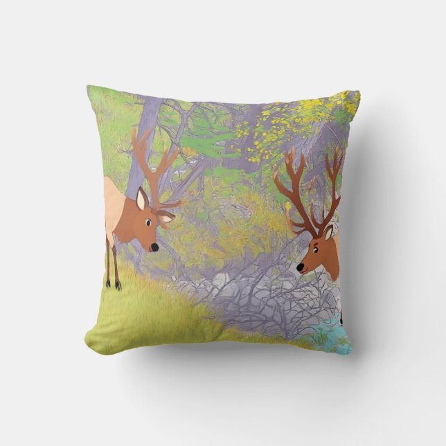 Coussin Deux élans en forêt de rivière automnale (Recto)