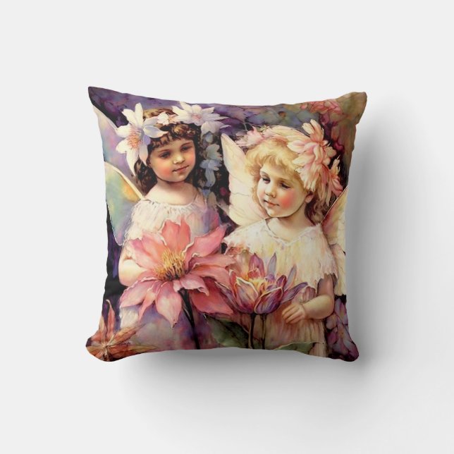 Coussin Deux enfants de fées dans un jardin fleuri (Recto)
