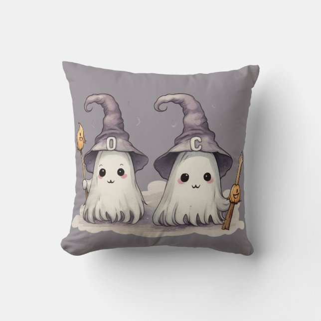 Coussin Deux fantômes super mignons chapeaux de sorcières  (Recto)