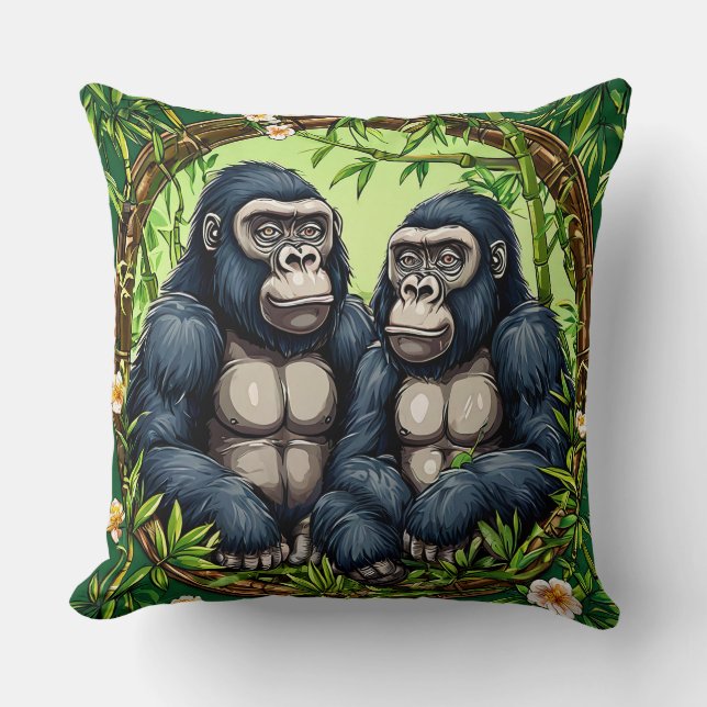 Coussin Deux gorilles dans un cadre en bambou tropical (Recto)