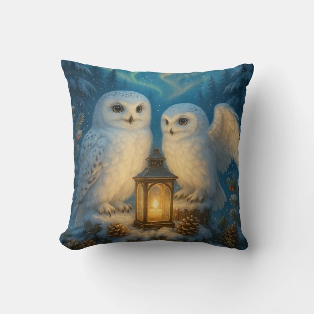Coussin Deux hiboux dans la neige d'hiver (Recto)