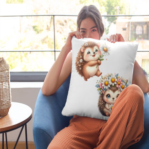 Coussin Deux jolis hérissons amoureux floraux mignons coup