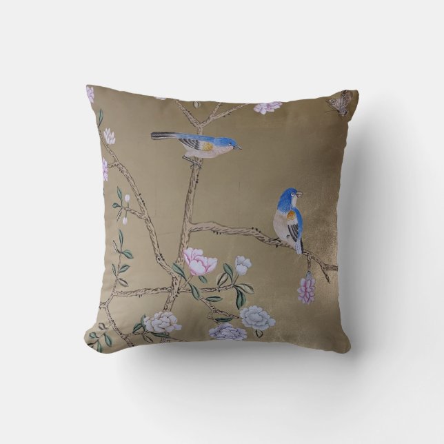 Coussin Deux Oiseaux Bleus et Peony Oriental Botanique (Recto)
