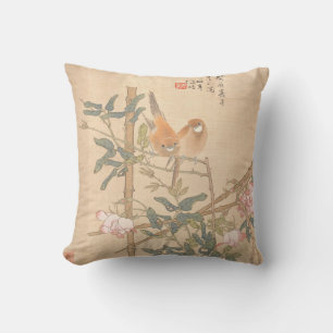Coussin Deux oiseaux sur l'art oriental Rose Bamboo Trelli