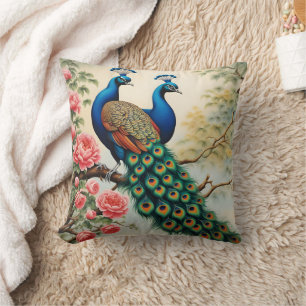 Coussin Deux paons sur une branche de fleurs
