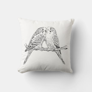 Coussin Deux perruches perchées ensemble en noir et blanc