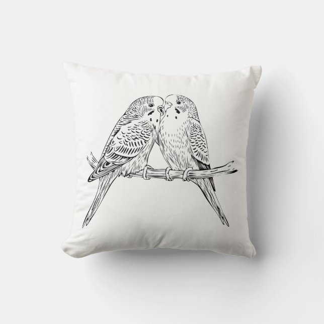 Coussin Deux perruches perchées ensemble en noir et blanc (Recto)