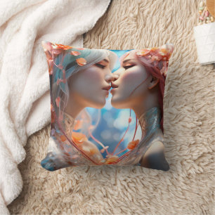 Coussin Deux personnages qui s'embrassent entourés de fleu