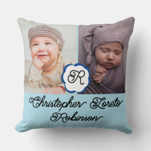 Coussin Deux photos & Nom complet & Monogramme Garçon bébé