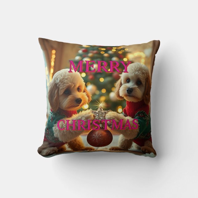 COUSSIN DEUX POODLES FÊTANT NOËL (Recto)