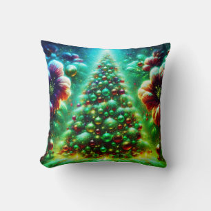 Coussin Deux sapins de Noël brillamment décorés sur un mod
