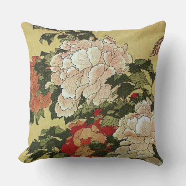 Coussin D'extérieur 北 斎 Hokusai Peonies & Papillons (Recto)
