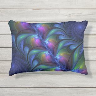 Coussin D'extérieur Abstrait Bleu Rose Vert Lumineux Coloré Fractal