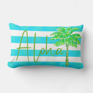 Coussin D'extérieur Aloha de palmier à rayures turquoise et blanche
