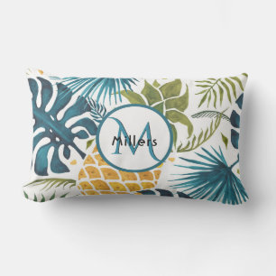 Coussin D'extérieur Ananas tropical bleu blanc monogramme