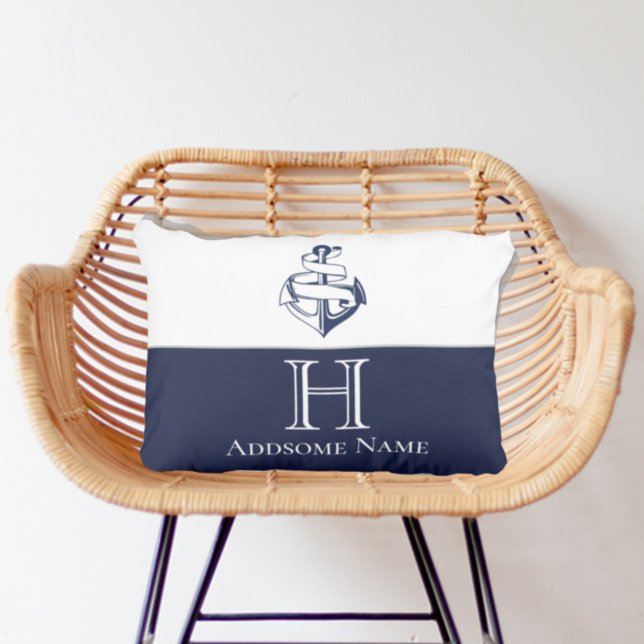 Coussin D'extérieur Ancre Bleue de la marine nautique Acce monogramme  (Créateur téléchargé)