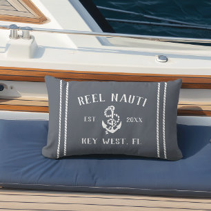 Coussin D'extérieur Ancre de nom de bateau personnalisé bleu et blanc