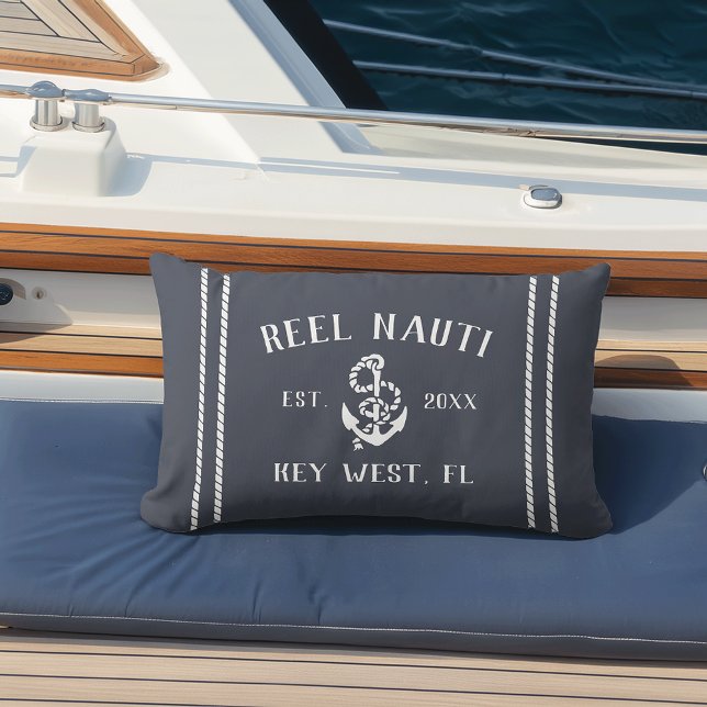 Coussin D'extérieur Ancre de nom de bateau personnalisé Dark Navy & Wh (Créateur téléchargé)