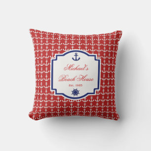 Coussin D'extérieur Ancre du navire Monogramme nautique rouge et bleu