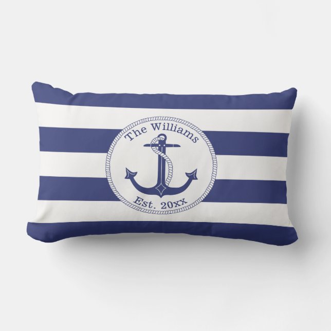 Coussin D'extérieur Ancre nautique Marine Blue Stripes Nom de famille (Recto)