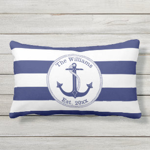 Coussin D'extérieur Ancre nautique Marine Blue Stripes Nom de famille