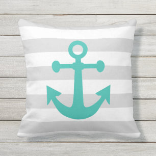 Coussin D'extérieur Ancre turquoise des rayures gris marine