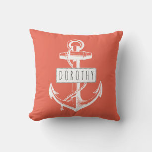 Coussin D'extérieur ancre vintage et nom corail nautique réversible