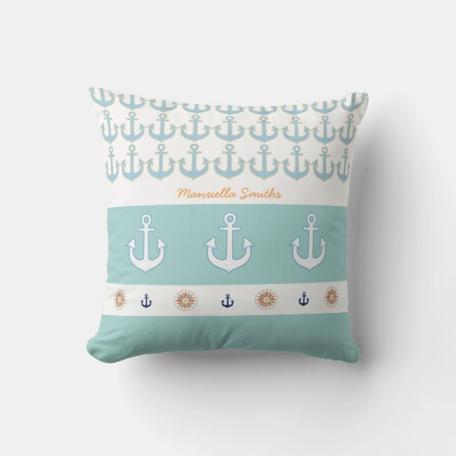 Coussin D'extérieur ancres nautiques + rayures personnalisées (Recto)