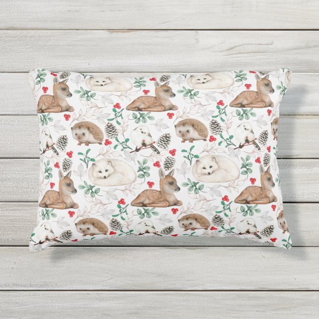 Coussin D'extérieur Animaux de bois, motif de Noël blanc (Devant)