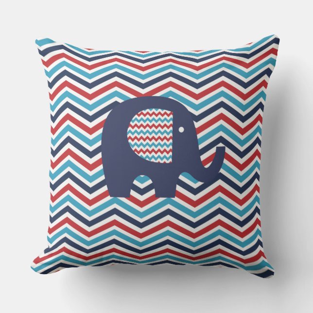 Coussin D'extérieur Animaux Eléphant Rouge Bleu Bleu Chevron Bande (Recto)