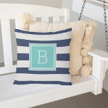 Coussin D'extérieur Aqua and Navy Stripe Monogram Outdoor<br><div class="desc">Add bold, modern style to your patio, deck or pool with our monogrammed outdoor throw pillow in classic nautical navy blue and white with a pop of aqua. Design features wide navy and white horizontal stripes on both sides, with your single initial monogram on the front in vibrant, summery turquoise...</div>