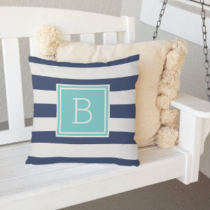 Coussin D'extérieur Aqua and Navy Stripe Monogram Outdoor