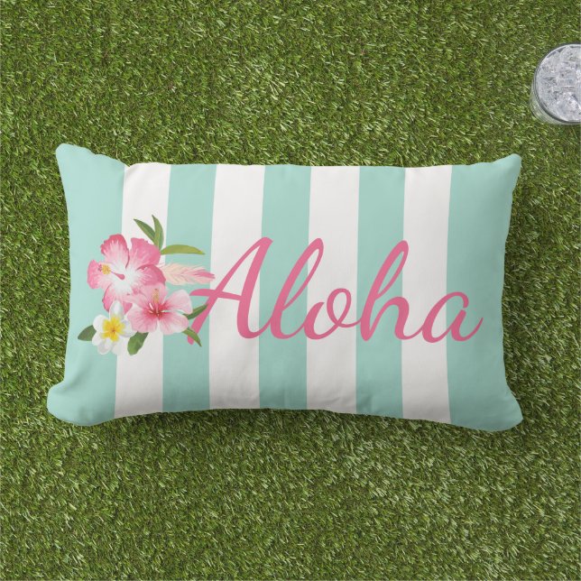 Coussin D'extérieur Aqua Rayure Aloha Hibiscus Tropical (Herbe)