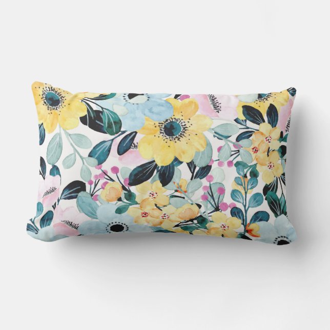 Coussin D'extérieur Aquarelle d'été Botanique Imprimer bleu jaune rose (Recto)