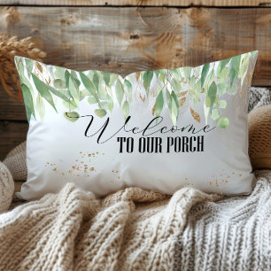 Coussin D'extérieur Aquarelle Eucalyptus Or Bienvenue Sur Notre Porche