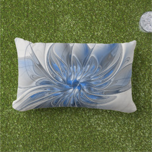 Coussin D'extérieur Aquarelle gris bleu Abstrait Fractal Art Flower