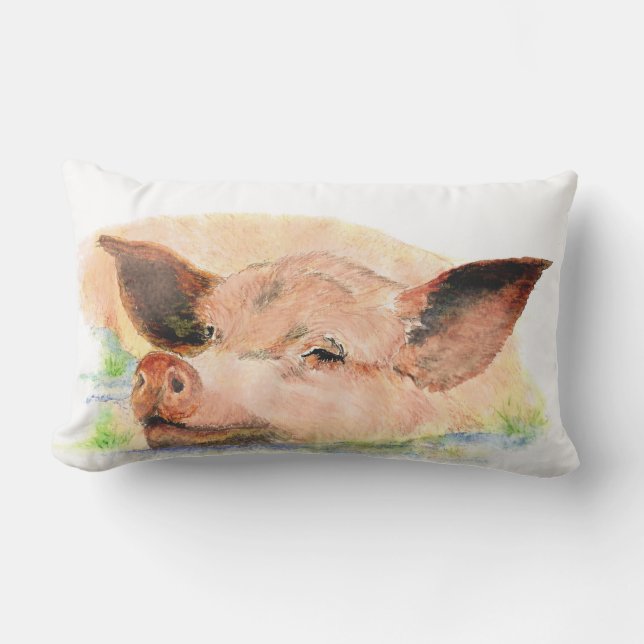 Coussin D'extérieur Aquarelle Joyeux dormant Cochon ferme art animal (Recto)