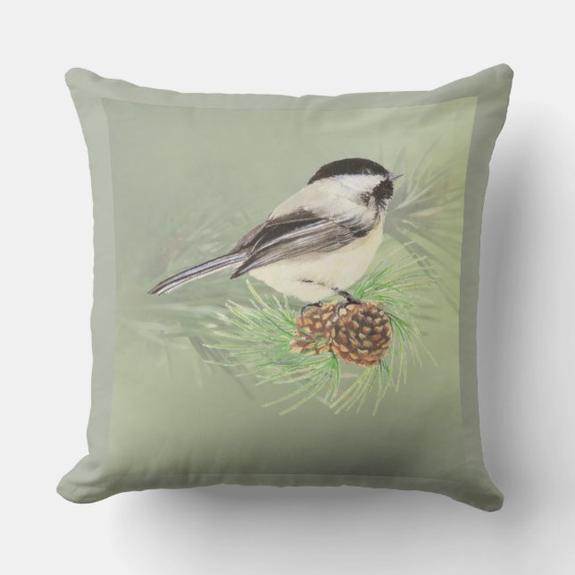 Coussin D'extérieur Aquarelle Oiseau de poulet dans l'arbre du pin Art (Recto)