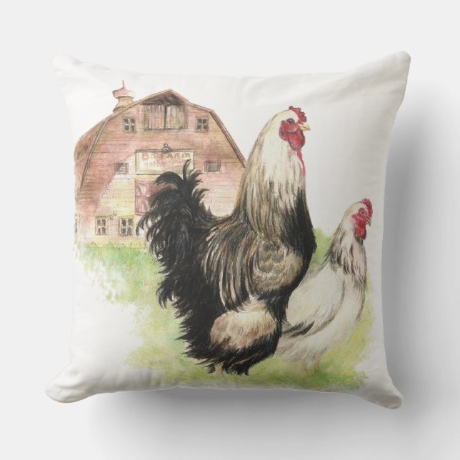 Coussin D'extérieur Aquarelle Poulets Hen et coq Oiseaux de ferme (Recto)