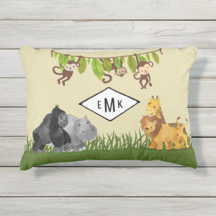 Coussin D'extérieur Aquarelle Safari Jungle Animaux avec Monogramme