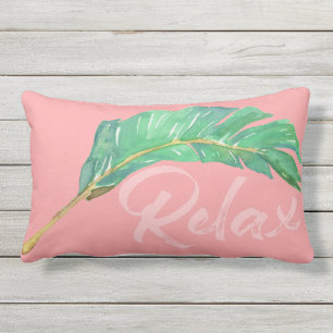 Coussin D'extérieur Aquarelle tropicale de paume de vert de rose de
