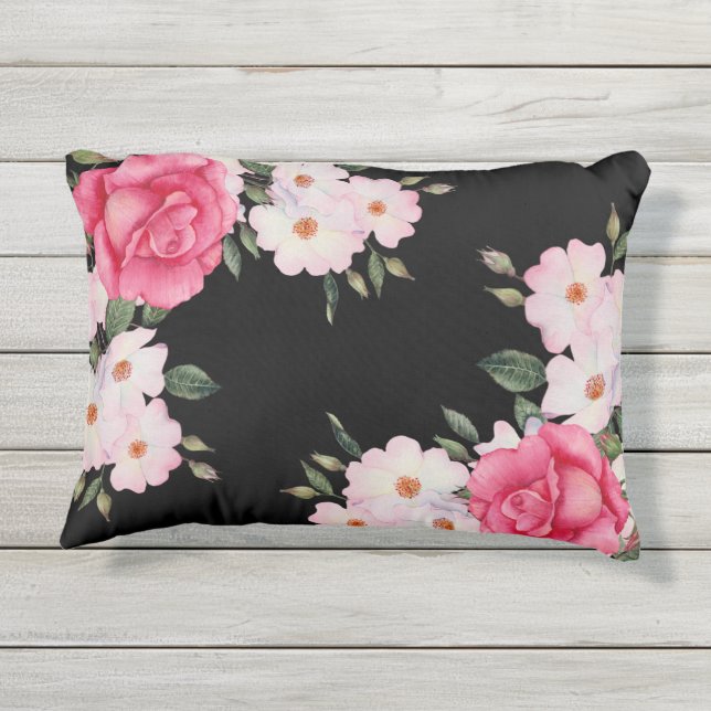 Coussin D'extérieur Aquarelle Vibrant rose Roses blanches Moderne Noir (Dos)