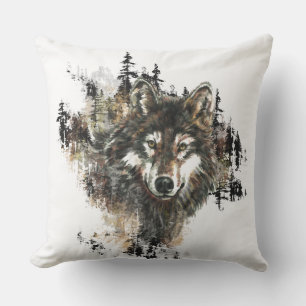 Coussin D'extérieur Aquarelle Wolf Mountain Wilderness Animal Art