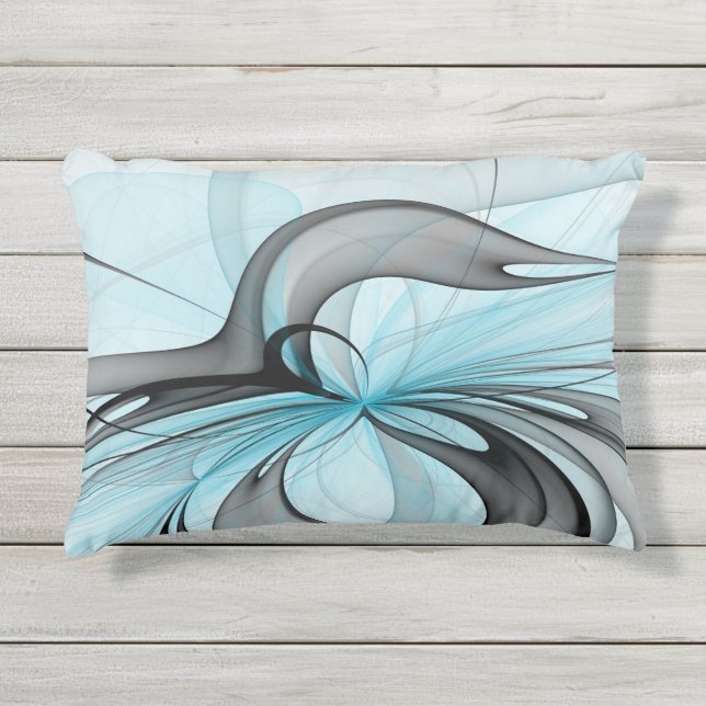 Coussin D'extérieur Art fractal moderne gris anthracite abstrait bleu (Devant)