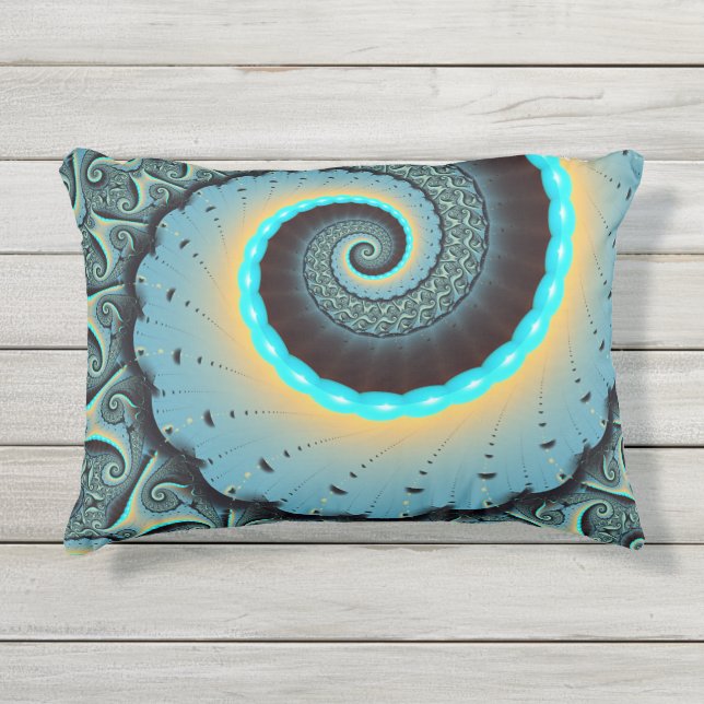 Coussin D'extérieur Art fractal spirale abstrait bleu turquoise orange (Devant)